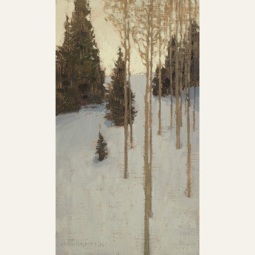 Tall Trees and Winter Hillside, 12x7 inches, Oil on Linen Panel