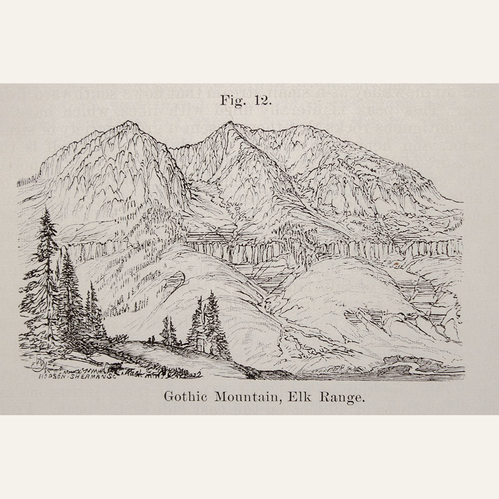 024-a Gothic Mountain, Engraving by Hopson Shermans in USGS 1873 Hayden Survey. From HACB