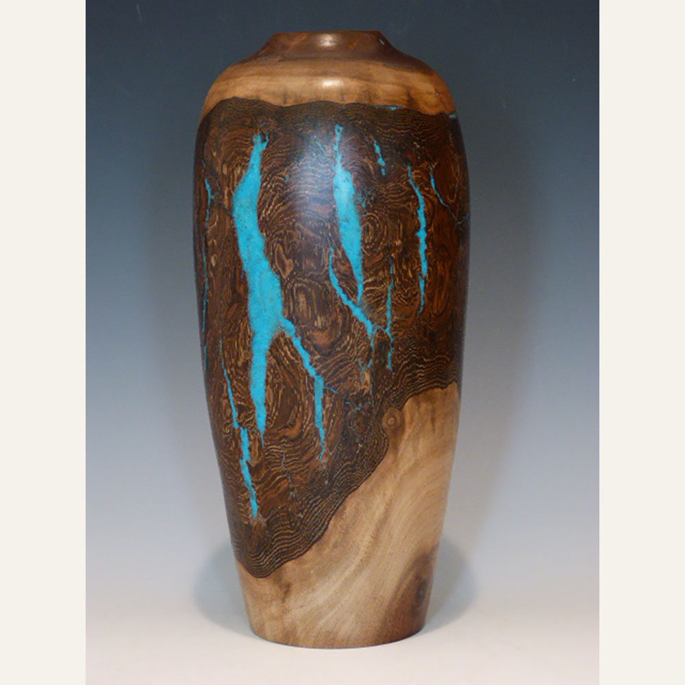 BF20-01 Vase Walnut with Turquoise S1114 11.25x5.25 woodturning 1250 WEB