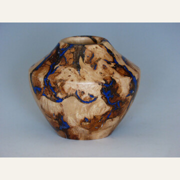 BF20-14 Small enclosed form 5-5-20 Elm Burl and lapis woodturning 300 2x2.25 WEB