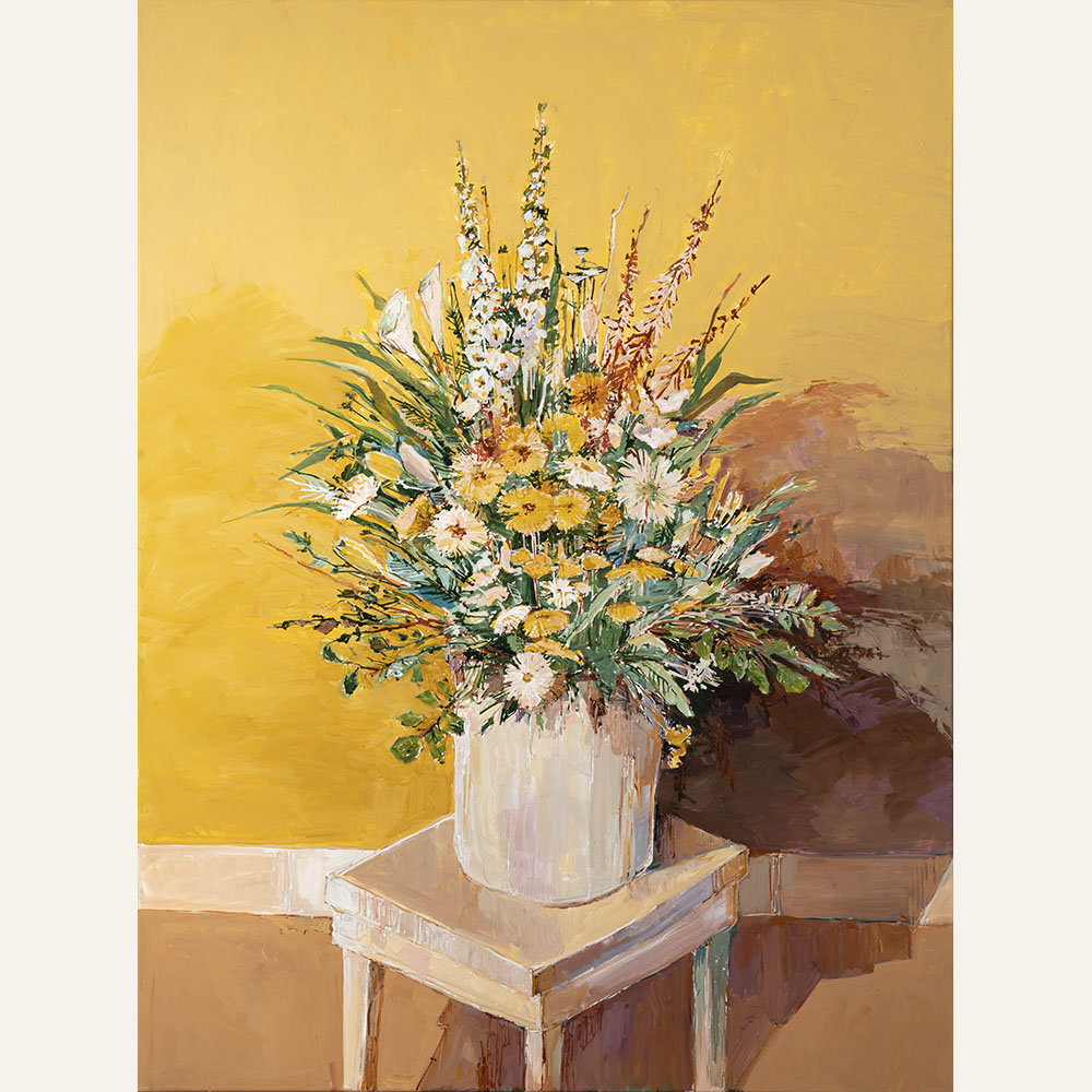 DA21-02 White Vase, Yellow Wall 48x36 acrylic 7000 F